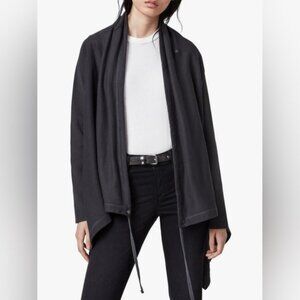 AllSaints Ivy Drape Cardigan  Medium Washed Black Asymmetric Hem Drawstring